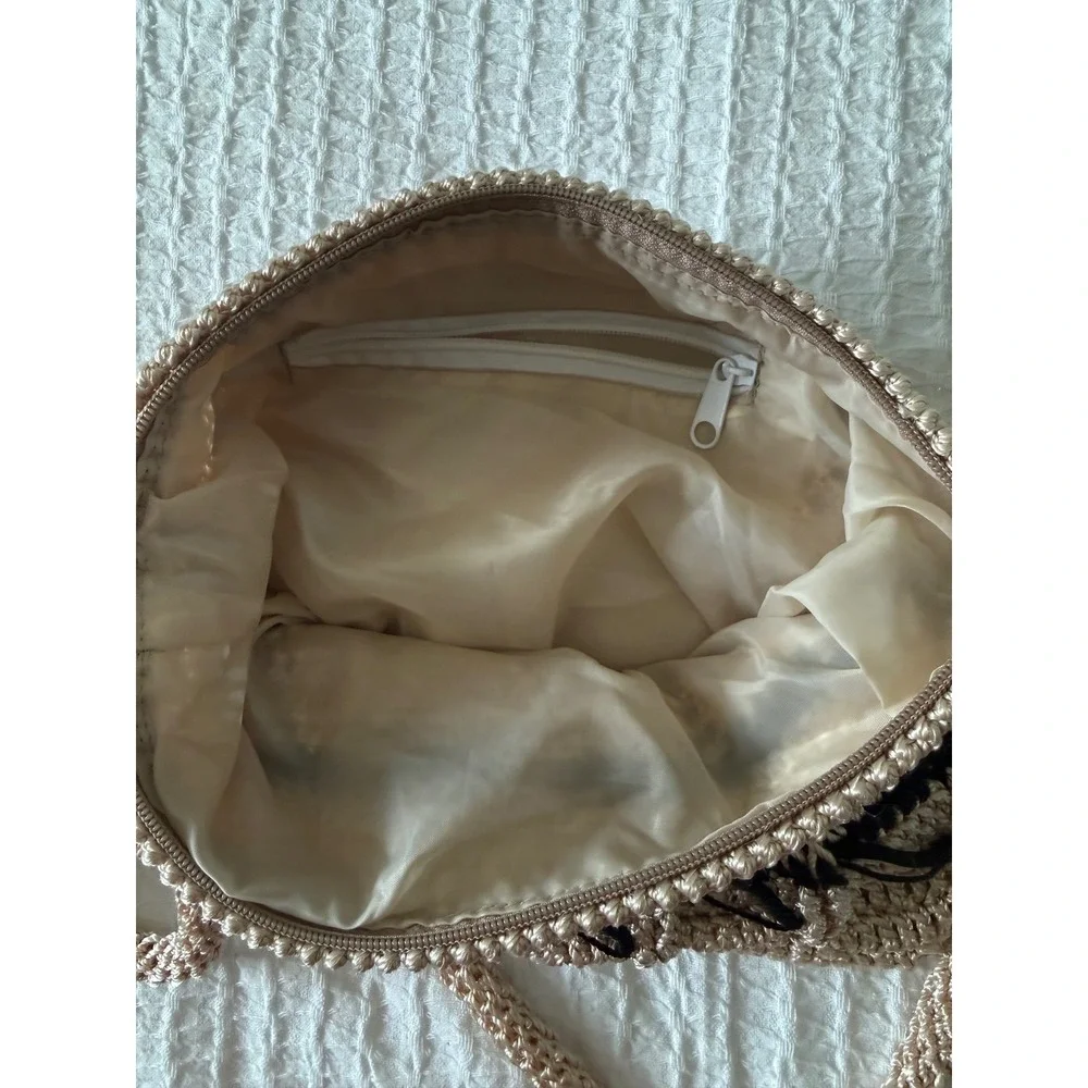 Crochet Shoulder Bag Women Small Beige Excellent Boho Woven Zipper